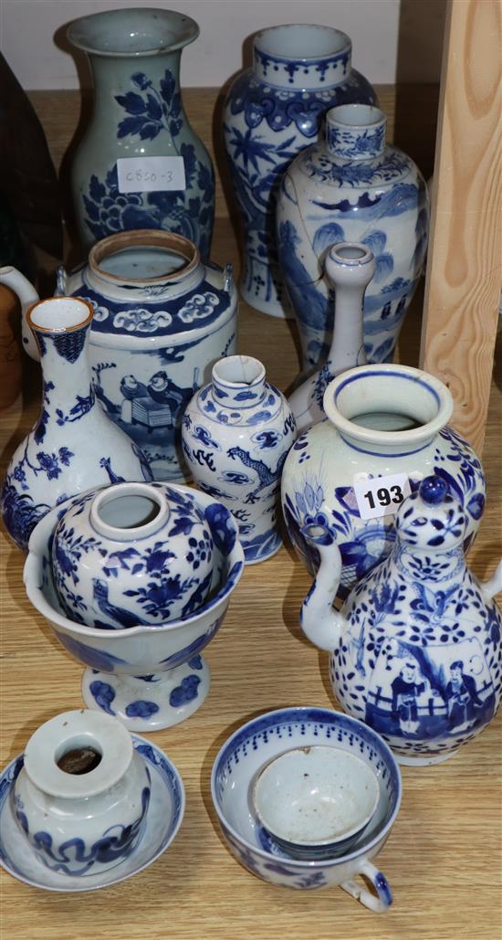 A group of 19th century Chinese and Japanese blue and white vases, vessels, etc. Tallest 25cm